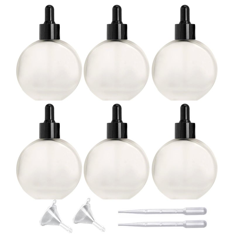 PYAWI 6Pcs 2 oz Frosted Glass Dropper Bottles for Essential Oils 60ml Flat Round Perfume Bottle for Essential Oils  Perfumes Serums - Leakproof for Travel (Clear Frosted) - Image 1